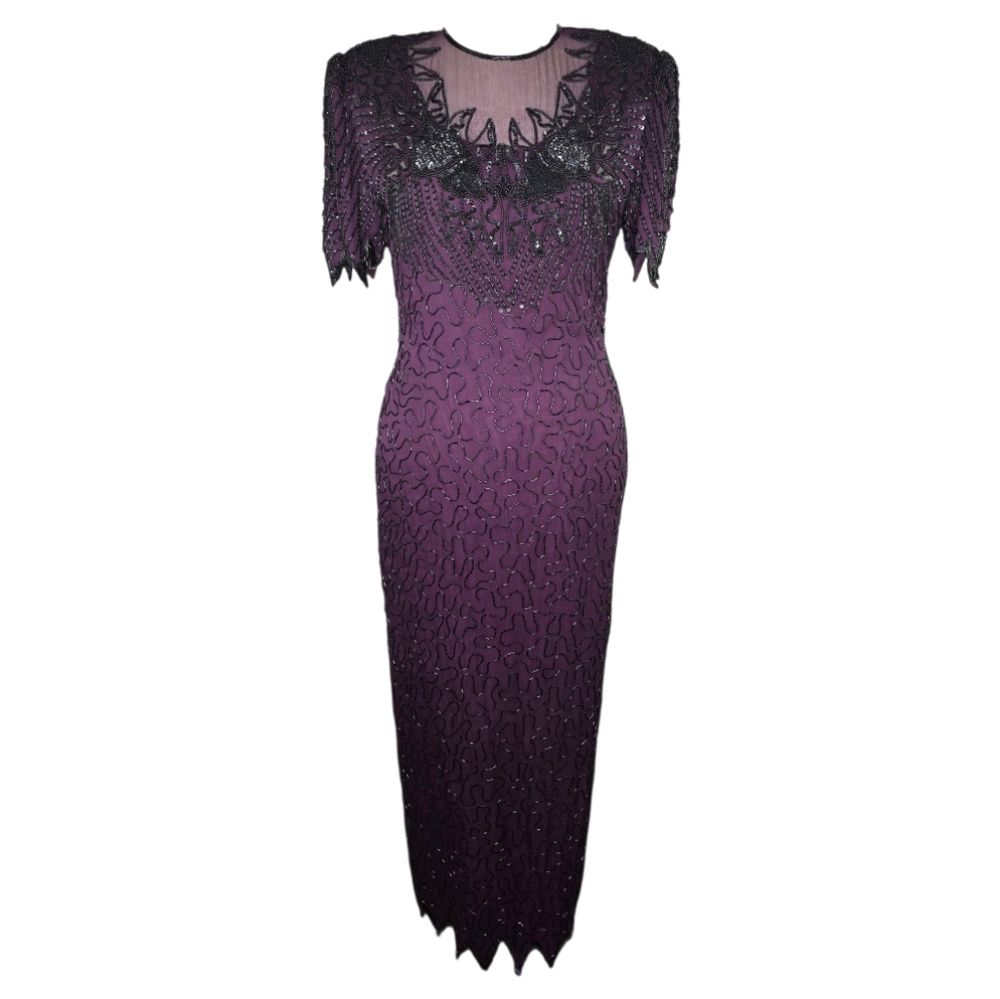 Vintage SCALA Purple Silk Beaded Sequin Evening Gown Dress Size L